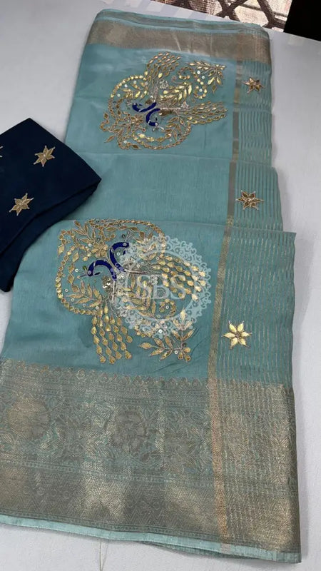 MOONGA SILK HANDWORK GOTA PATTI SAREE Sky Blue / Free Size