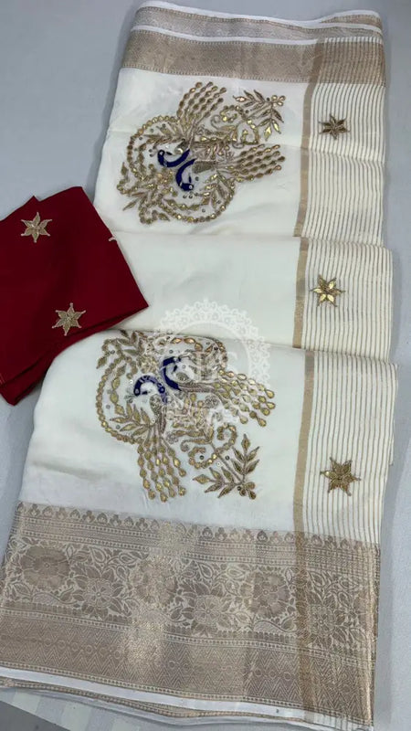 MOONGA SILK HANDWORK GOTA PATTI SAREE White / Free Size
