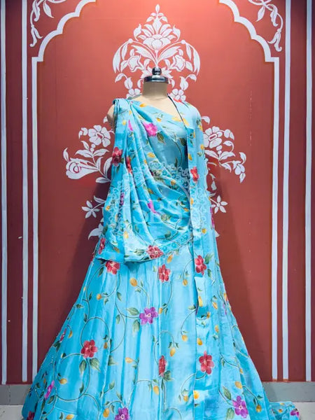 MOSH CRAPE FLORAL LEHENGA Sky Blue