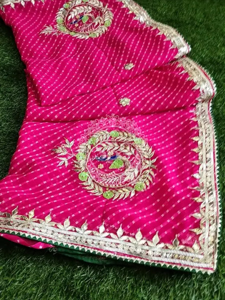 MOTHRA PINK LEHERIYA GOTA PATTI WORK SAREE Pink / Free Size