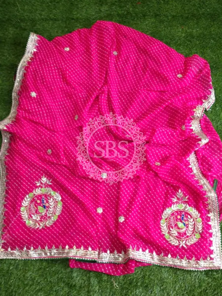 MOTHRA PINK LEHERIYA GOTA PATTI WORK SAREE Pink / Free Size