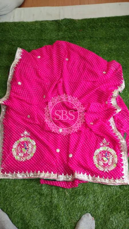 MOTHRA PINK LEHERIYA GOTA PATTI WORK SAREE Pink / Free Size