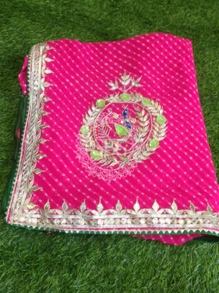 MOTHRA PINK LEHERIYA GOTA PATTI WORK SAREE Pink / Free Size