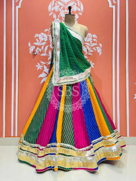 MULTICOLOR MOTHRA FULL FLARED LEHENGA Green / Free Size
