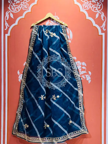 ORGANZA GOTA PATTI LEHERIYA HANDWORK SAREE Blue / Free Size