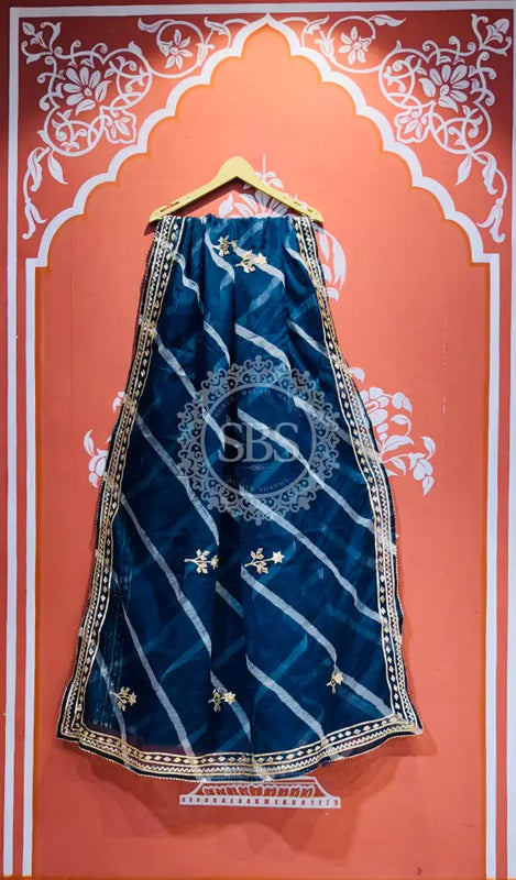 ORGANZA GOTA PATTI LEHERIYA HANDWORK SAREE Blue / Free Size