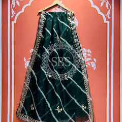 ORGANZA GOTA PATTI LEHERIYA HANDWORK SAREE Dark Green / Free Size
