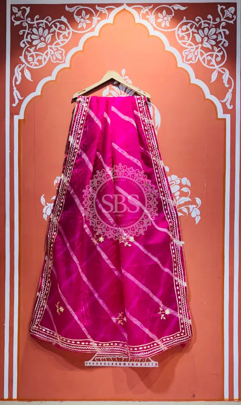 ORGANZA GOTA PATTI LEHERIYA HANDWORK SAREE Dark Pink / Free Size