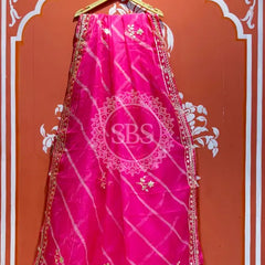 ORGANZA GOTA PATTI LEHERIYA HANDWORK SAREE Pink / Free Size