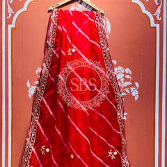 ORGANZA GOTA PATTI LEHERIYA HANDWORK SAREE Red / Free Size