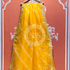 ORGANZA GOTA PATTI LEHERIYA HANDWORK SAREE Yellow / Free Size