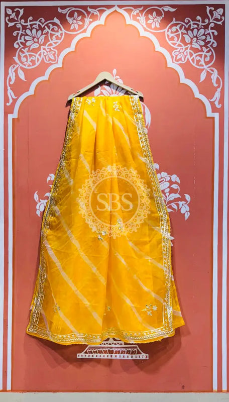 ORGANZA GOTA PATTI LEHERIYA HANDWORK SAREE Yellow / Free Size
