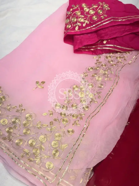 PITTAN WORK PURE CHIFFON SAREE Baby Pink / Free Size