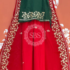 PITTAN WORK PURE CHIFFON SAREE Green & Red / Free Size