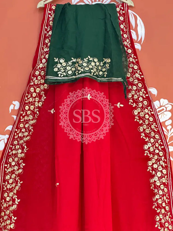 PITTAN WORK PURE CHIFFON SAREE Green & Red / Free Size