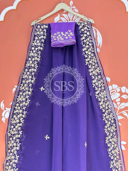 PITTAN WORK PURE CHIFFON SAREE Lavendar / Free Size