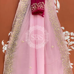 PITTAN WORK PURE CHIFFON SAREE Maroon & Pink / Free Size