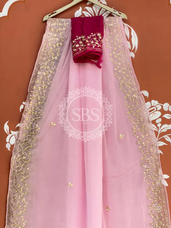 PITTAN WORK PURE CHIFFON SAREE Maroon & Pink / Free Size