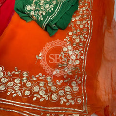 PITTAN WORK PURE CHIFFON SAREE Orange / Free Size