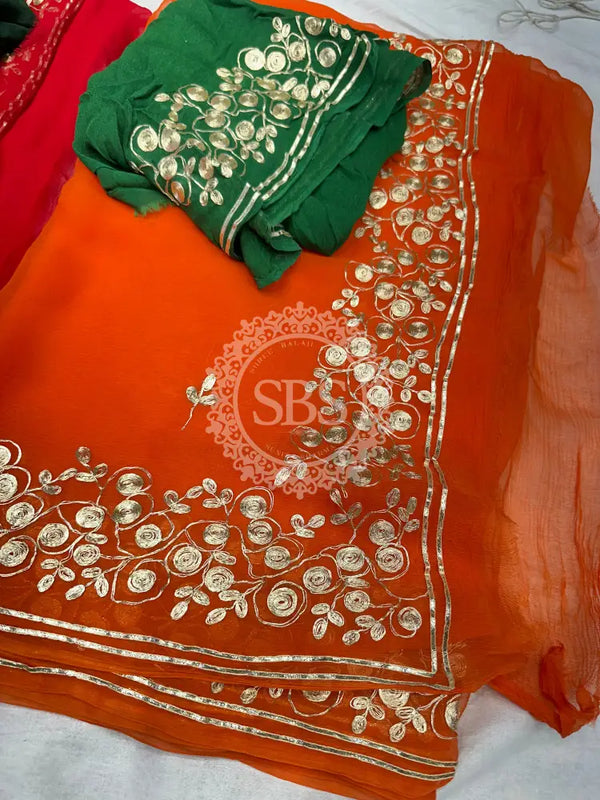 PITTAN WORK PURE CHIFFON SAREE Orange / Free Size
