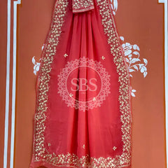 PITTAN WORK PURE CHIFFON SAREE Peach / Free Size