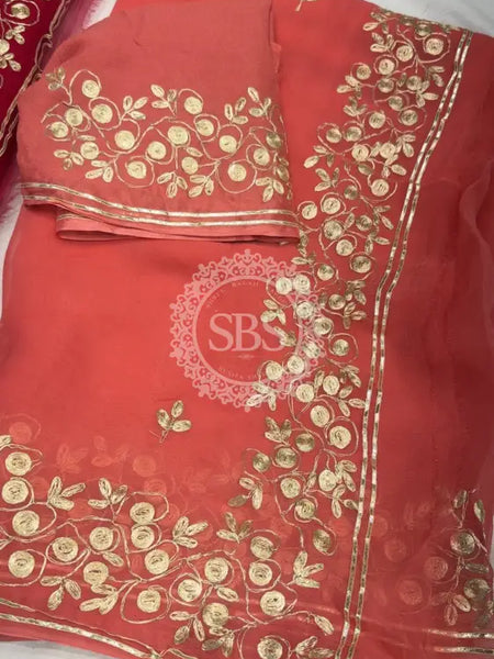 PITTAN WORK PURE CHIFFON SAREE Peach / Free Size