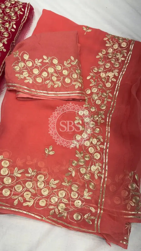 PITTAN WORK PURE CHIFFON SAREE Peach / Free Size