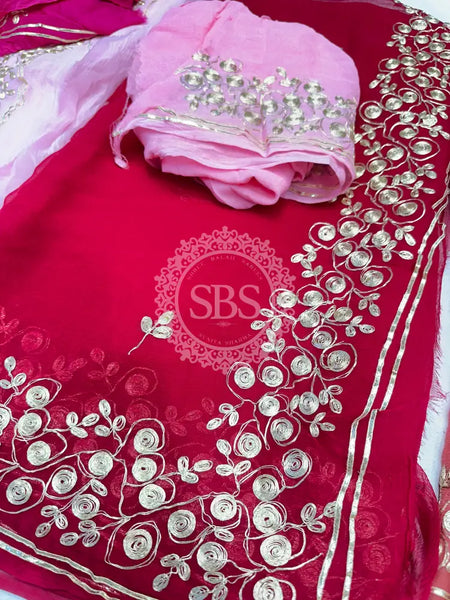 PITTAN WORK PURE CHIFFON SAREE Pink / Free Size