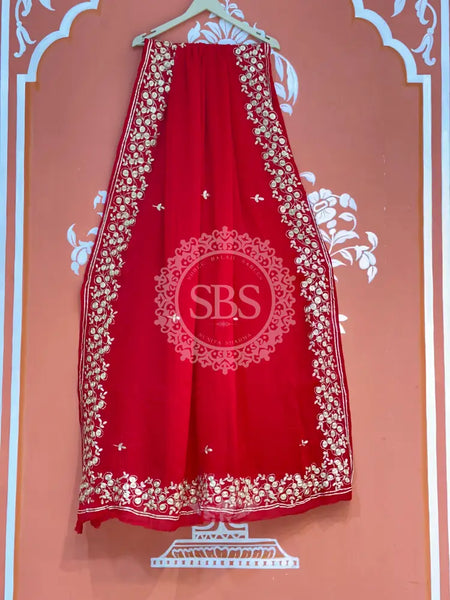 PITTAN WORK PURE CHIFFON SAREE Red / Free Size
