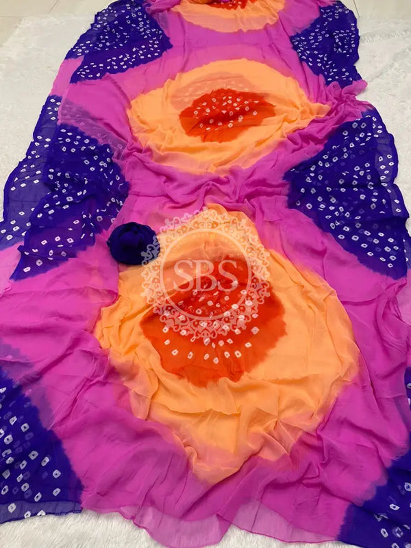 Pure Chiffon Bandhej Saree Blue & Pink / Free Size