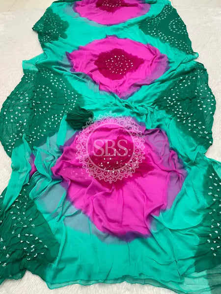 Pure Chiffon Bandhej Saree Green &Pink / Free Size