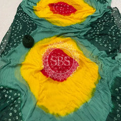 Pure Chiffon Bandhej Saree Green Yelow & Red / Free Size