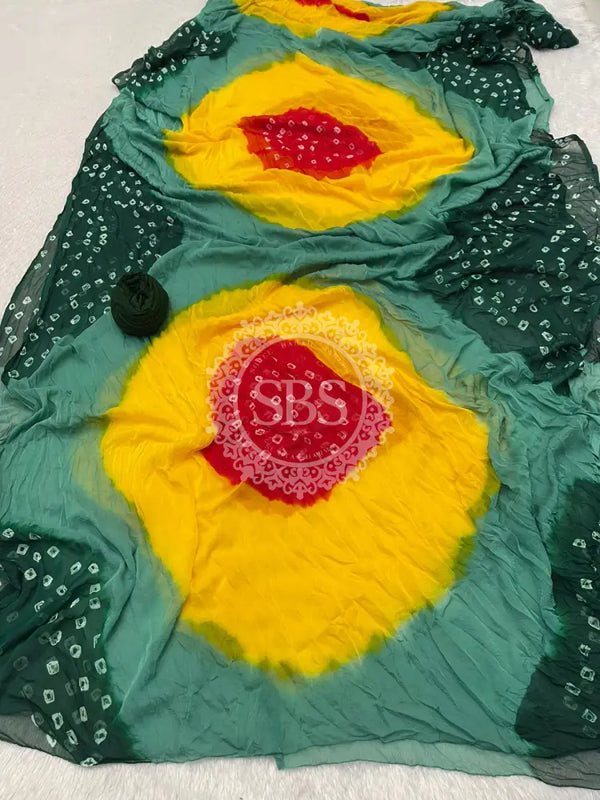 Pure Chiffon Bandhej Saree Green Yelow & Red / Free Size