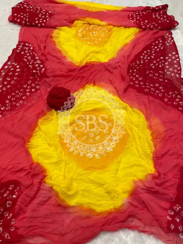 Pure Chiffon Bandhej Saree Red & Yellow / Free Size