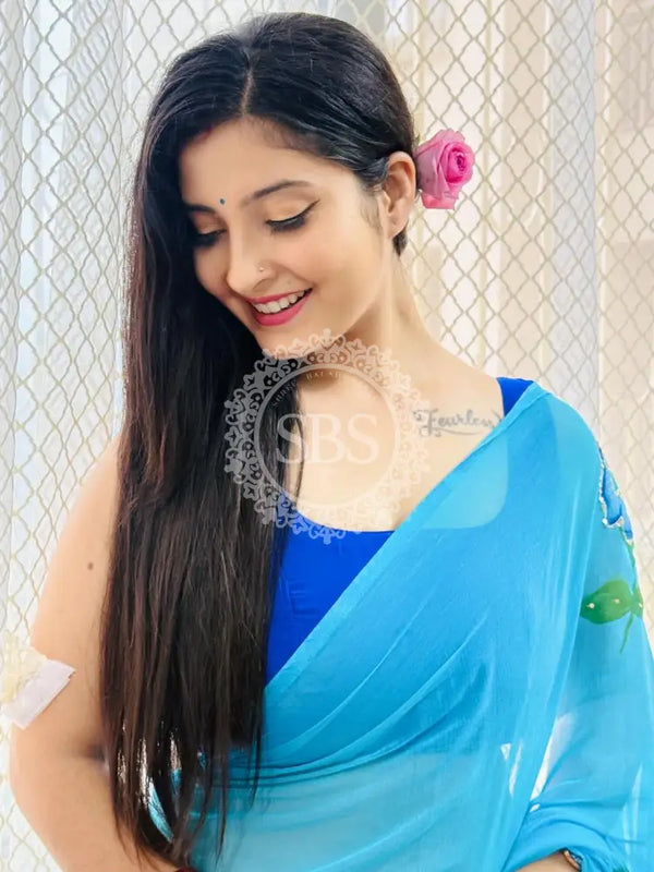 Pure Chiffon Handbrush Saree Blue / Free Size