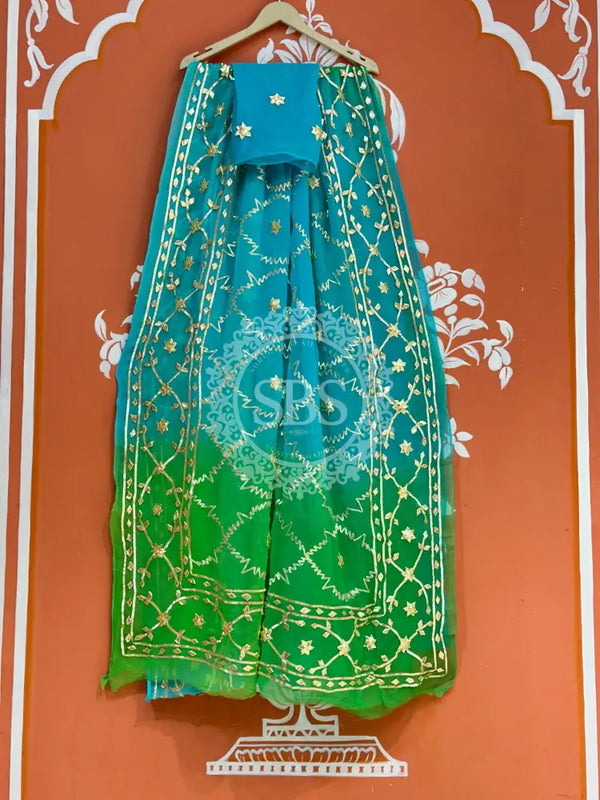 PURE CHIFFON KACHI PATTI SAREE Blue / Free Size