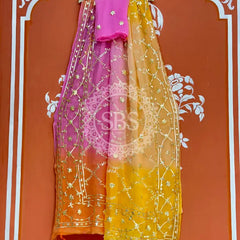 PURE CHIFFON KACHI PATTI SAREE Pink & Orange / Free Size