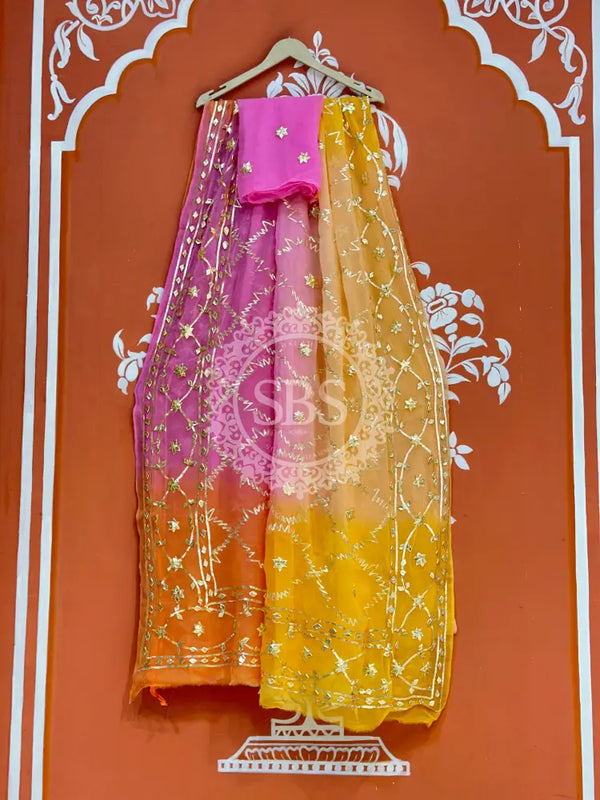 PURE CHIFFON KACHI PATTI SAREE Pink & Orange / Free Size