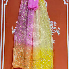 PURE CHIFFON KACHI PATTI SAREE Pink & Yellow / Free Size