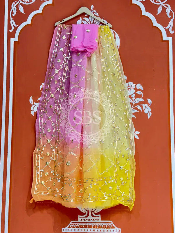 PURE CHIFFON KACHI PATTI SAREE Pink & Yellow / Free Size