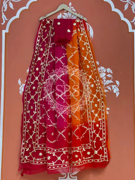 PURE CHIFFON KACHI PATTI SAREE Red & Orange / Free Size
