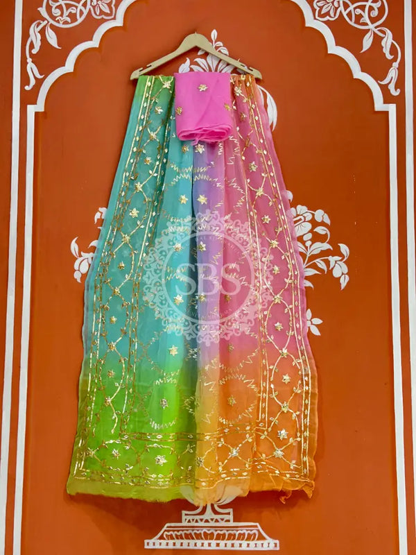PURE CHIFFON KACHI PATTI SAREE Sky Blue & Pink / Free Size