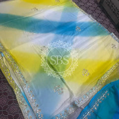 PURE CHIFFON SAREE Blue & Yellow / Free Size