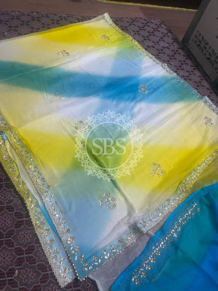 PURE CHIFFON SAREE Blue & Yellow / Free Size