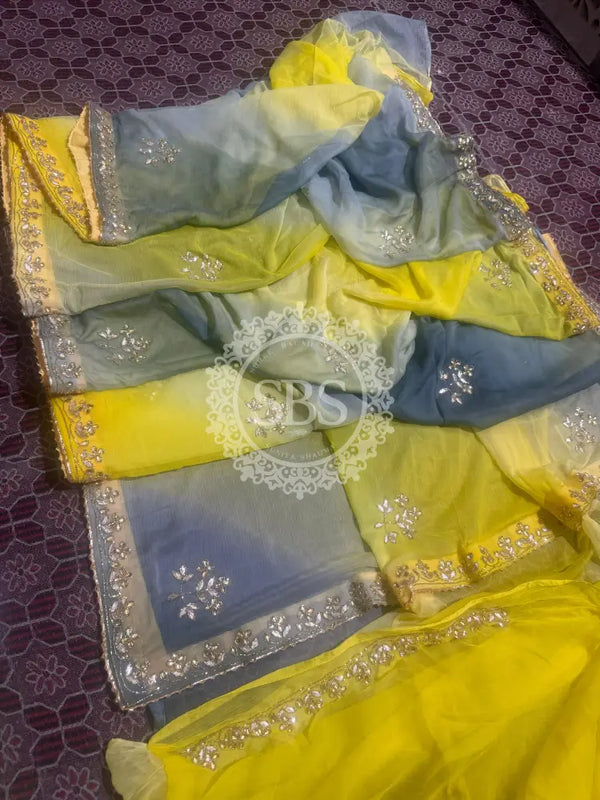 PURE CHIFFON SAREE Grey & Yellow / Free Size