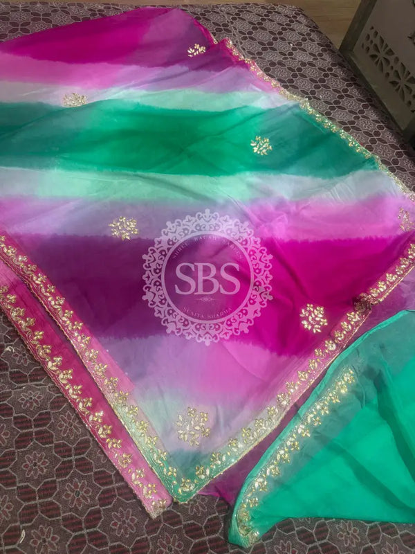 PURE CHIFFON SAREE Pink & Green / Free Size