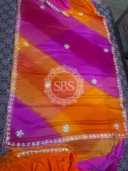 PURE CHIFFON SAREE Pink & Orange / Free Size