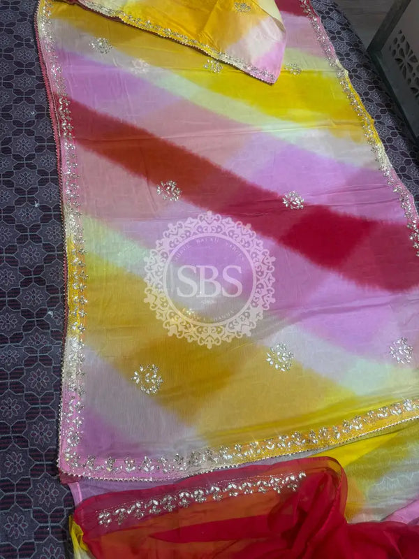 PURE CHIFFON SAREE Red & Yellow / Free Size