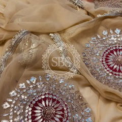 Pure Chifon mandana Kacchi patti Saree Beige & Red Saree