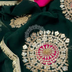 Pure Chifon mandana Kacchi patti Saree Bottle Green & Rani Saree